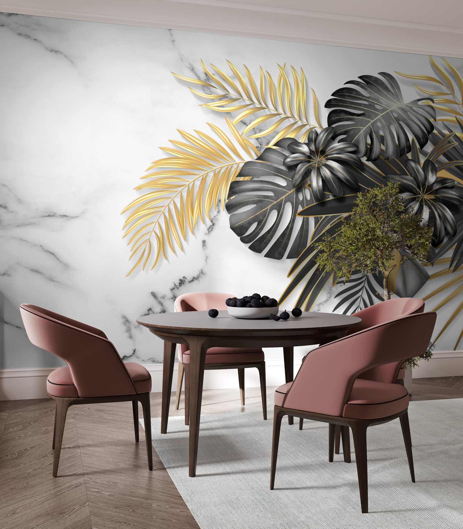 Papier peint feuilles de fougère dorées et noires