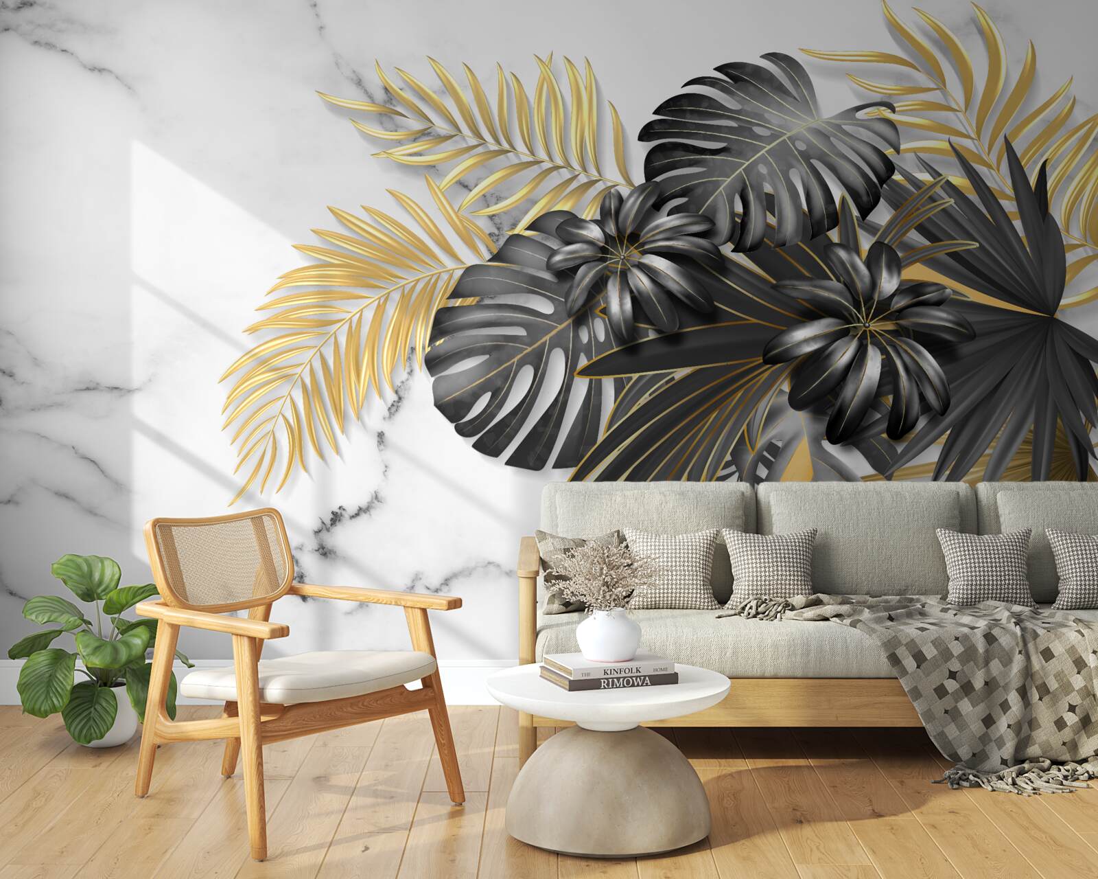 Papier peint feuilles de fougère dorées et noires