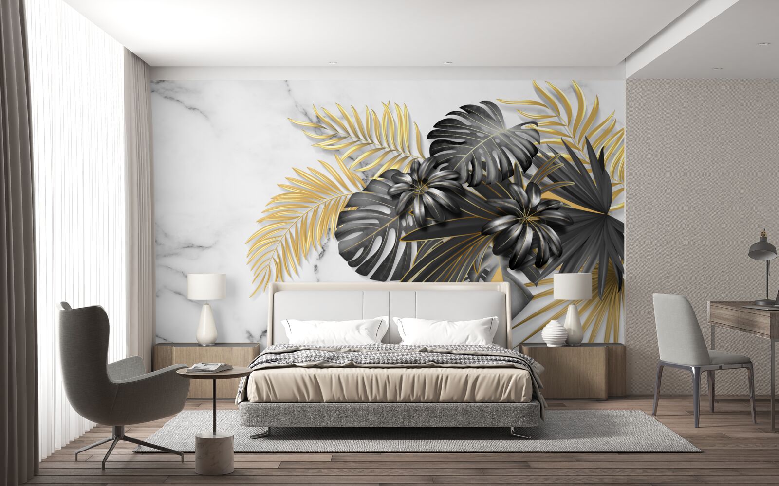 Papier peint feuilles de fougère dorées et noires