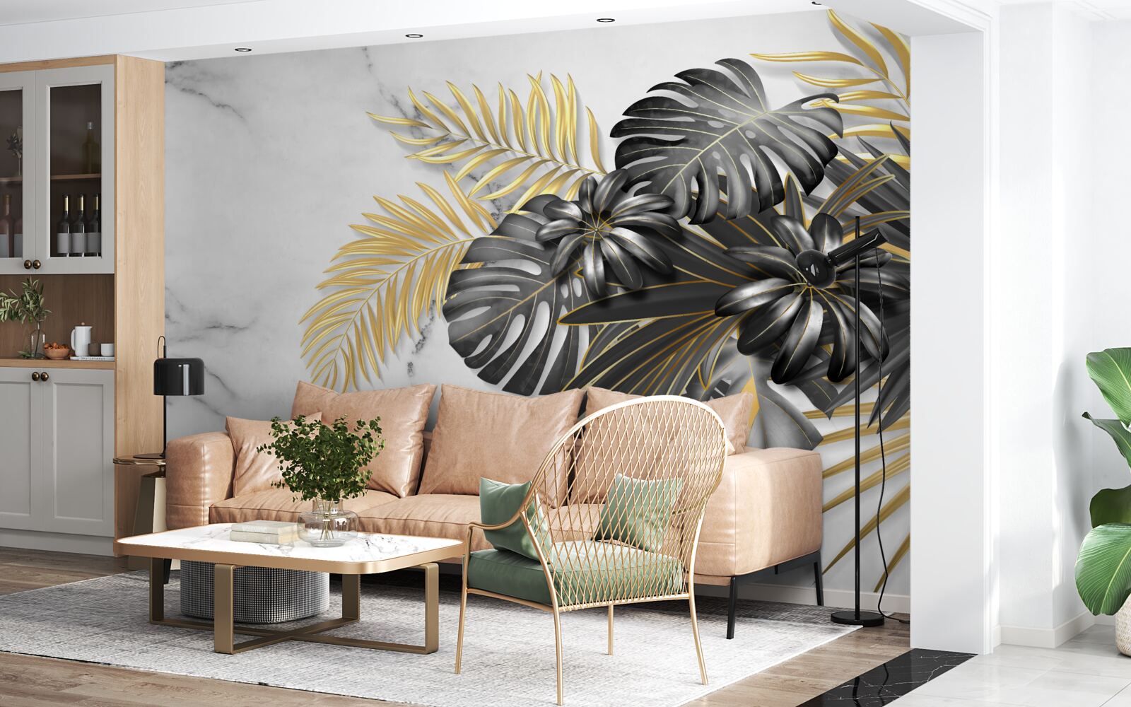 Papier peint feuilles de fougère dorées et noires