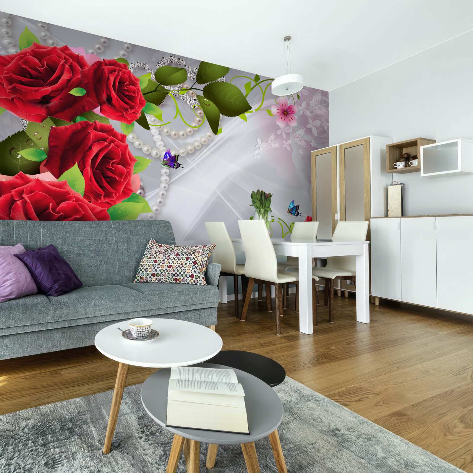 Papier peint roses rouge perle