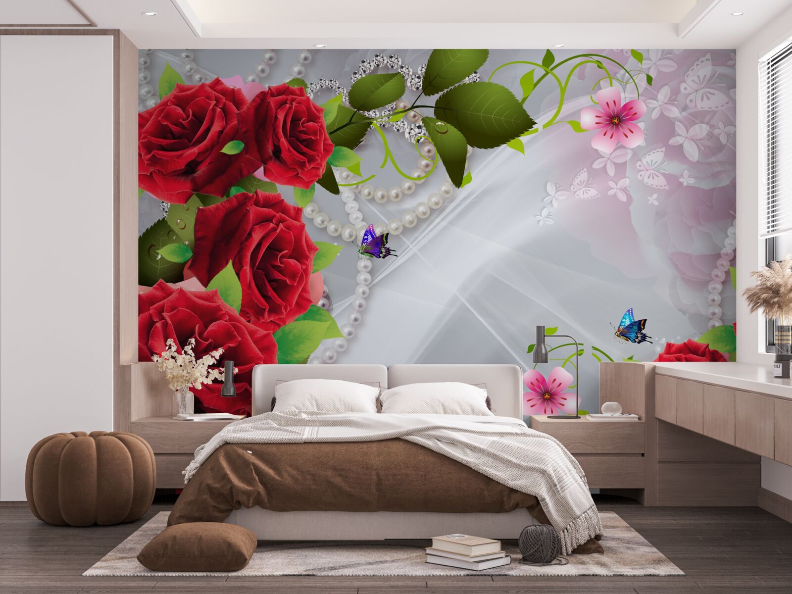 Papier peint roses rouge perle