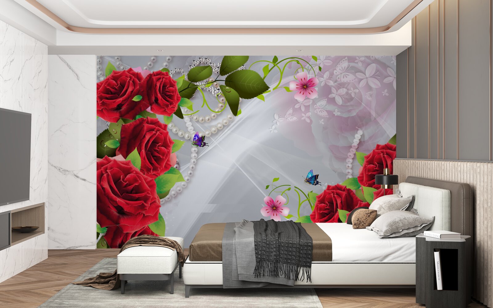 Papier peint roses rouge perle