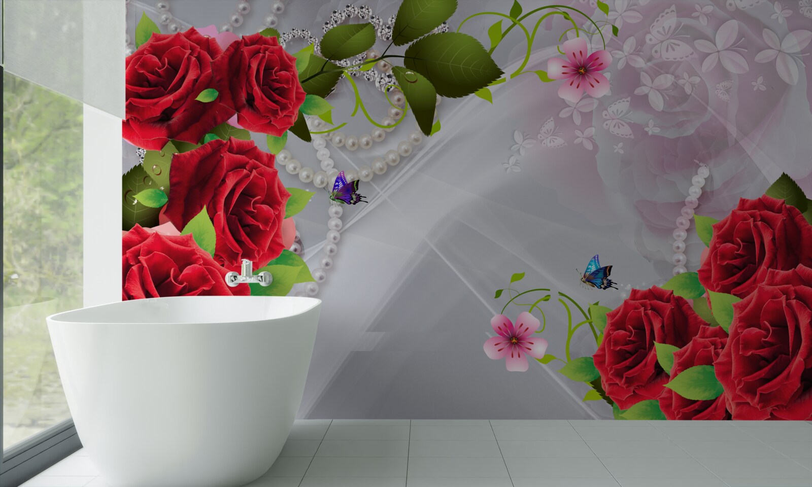 Papier peint roses rouge perle