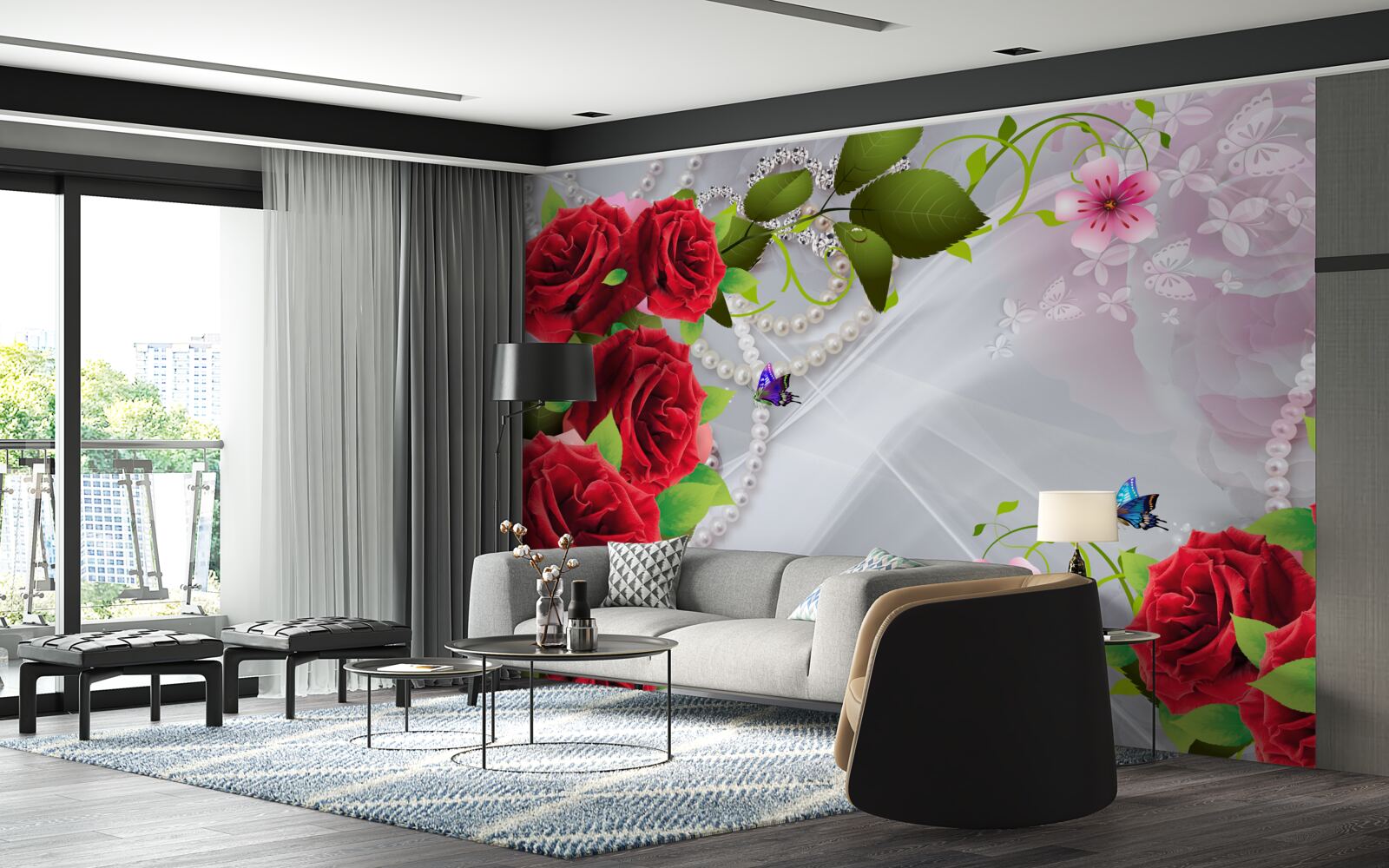 Papier peint roses rouge perle