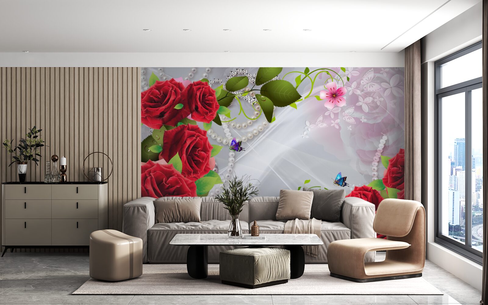 Papier peint roses rouge perle