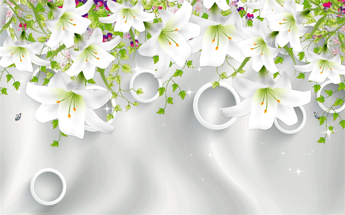 Papier peint les fleurs sont blanches avec des feuilles vertes