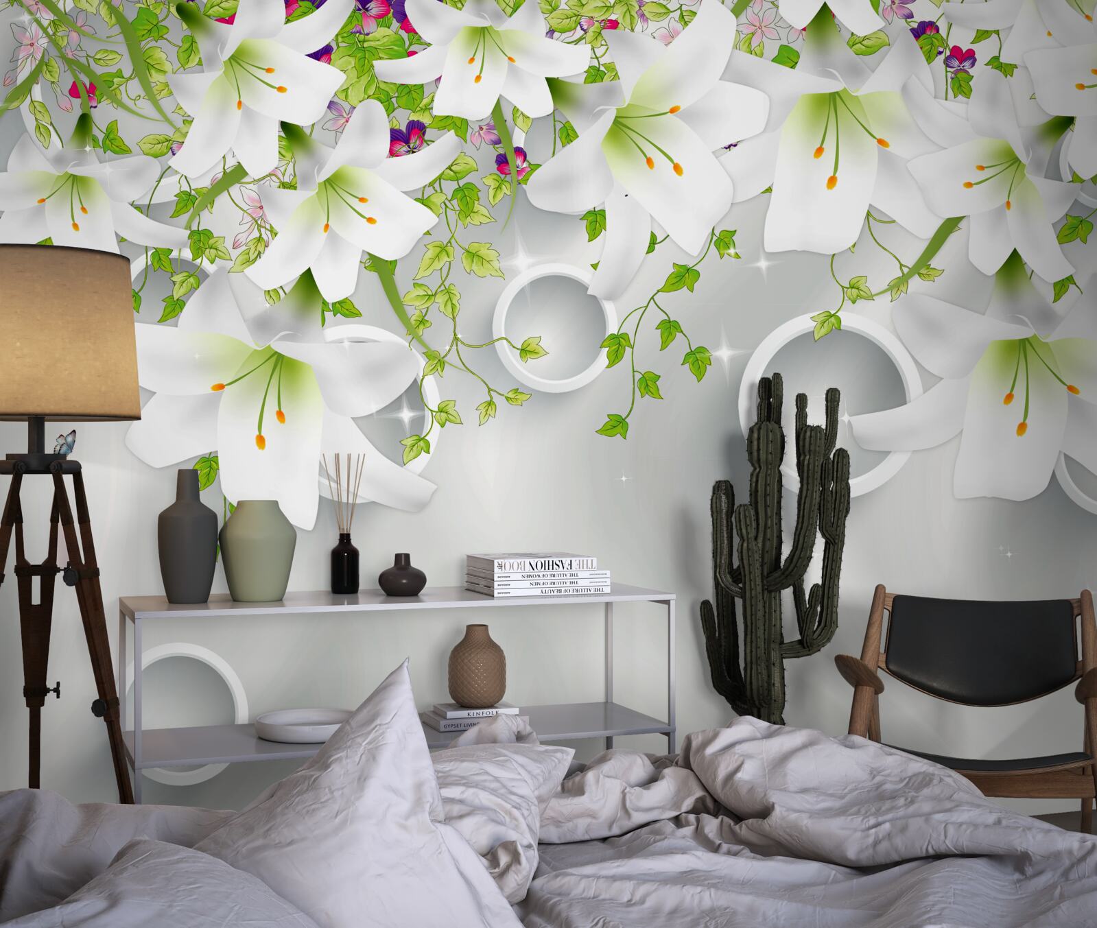 Papier peint les fleurs sont blanches avec des feuilles vertes