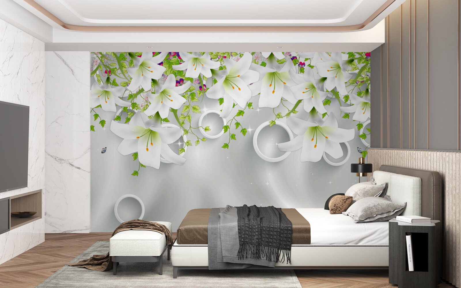 Papier peint les fleurs sont blanches avec des feuilles vertes