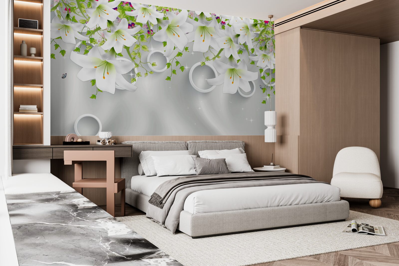 Papier peint les fleurs sont blanches avec des feuilles vertes