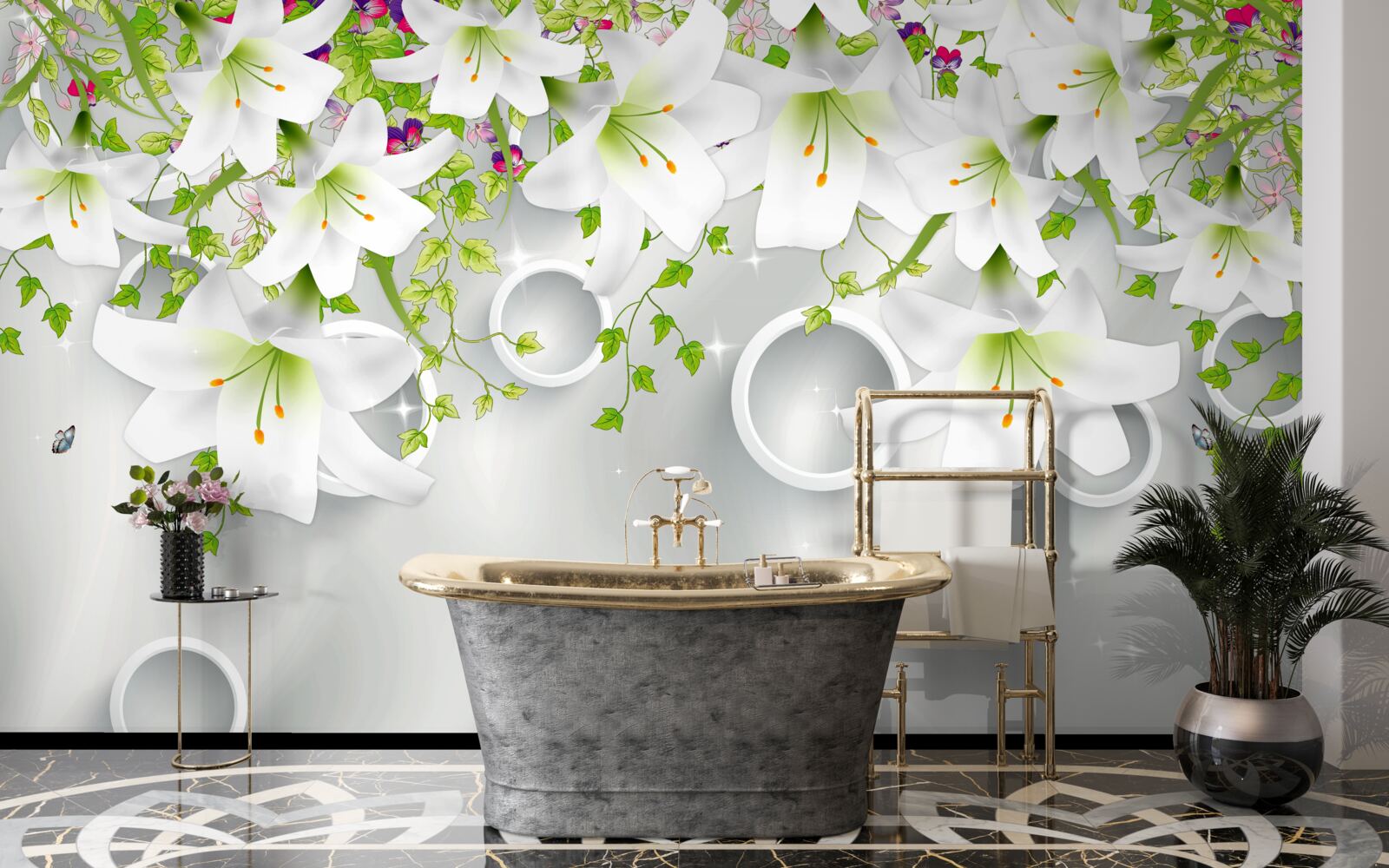 Papier peint les fleurs sont blanches avec des feuilles vertes