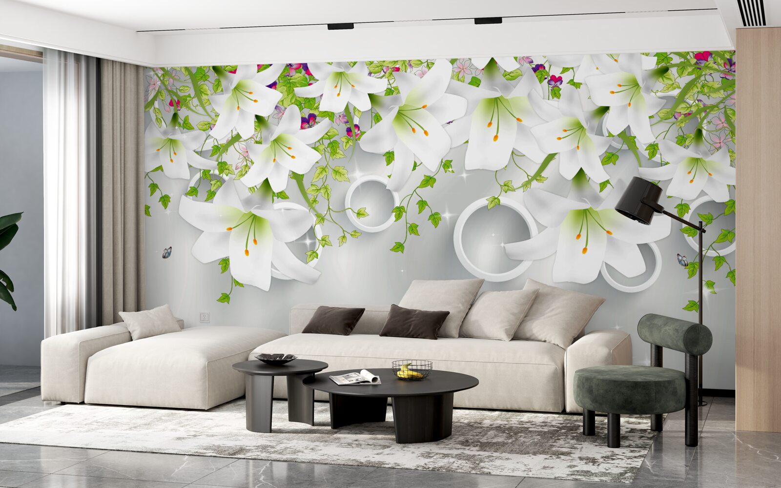 Papier peint les fleurs sont blanches avec des feuilles vertes