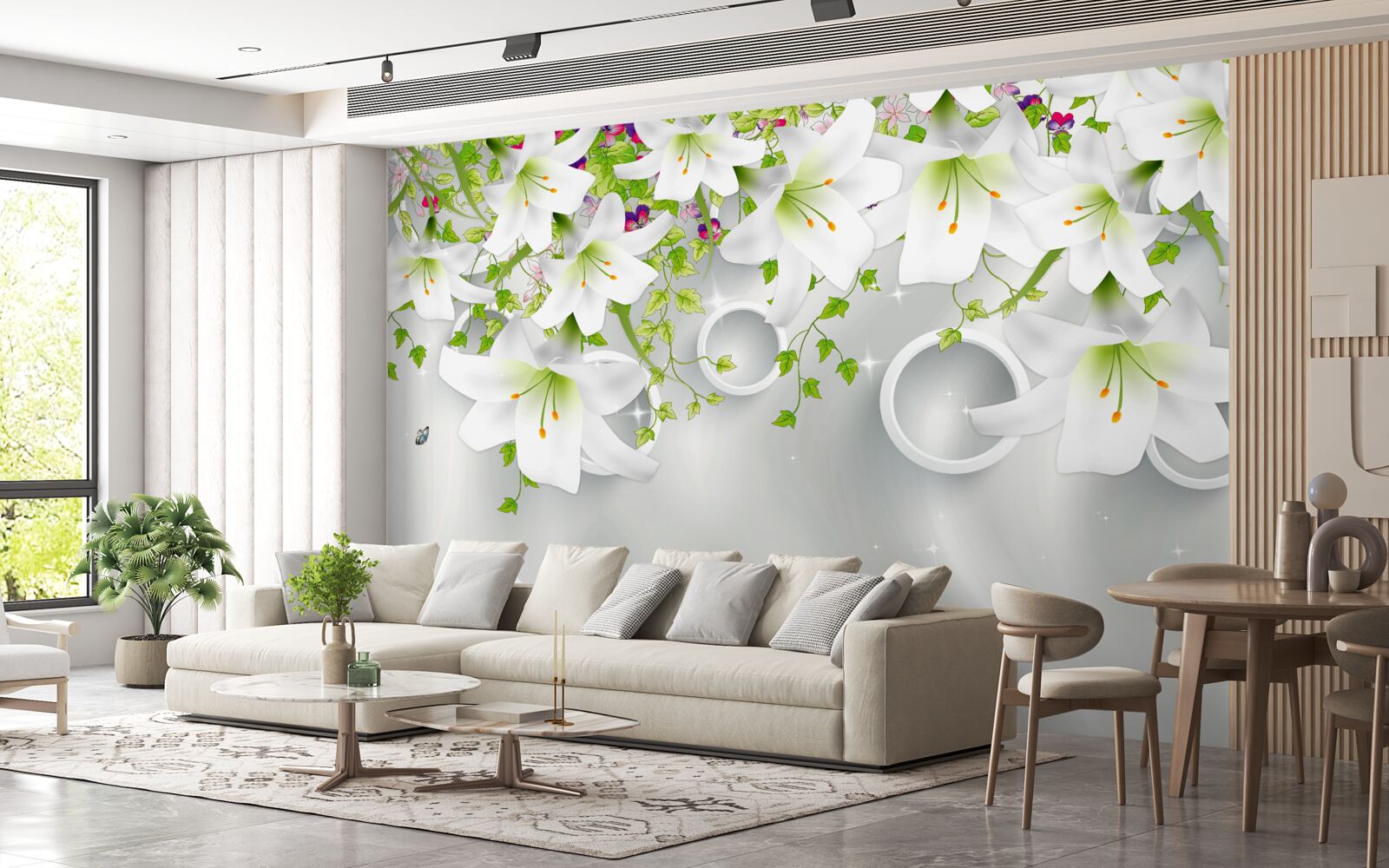 Papier peint les fleurs sont blanches avec des feuilles vertes