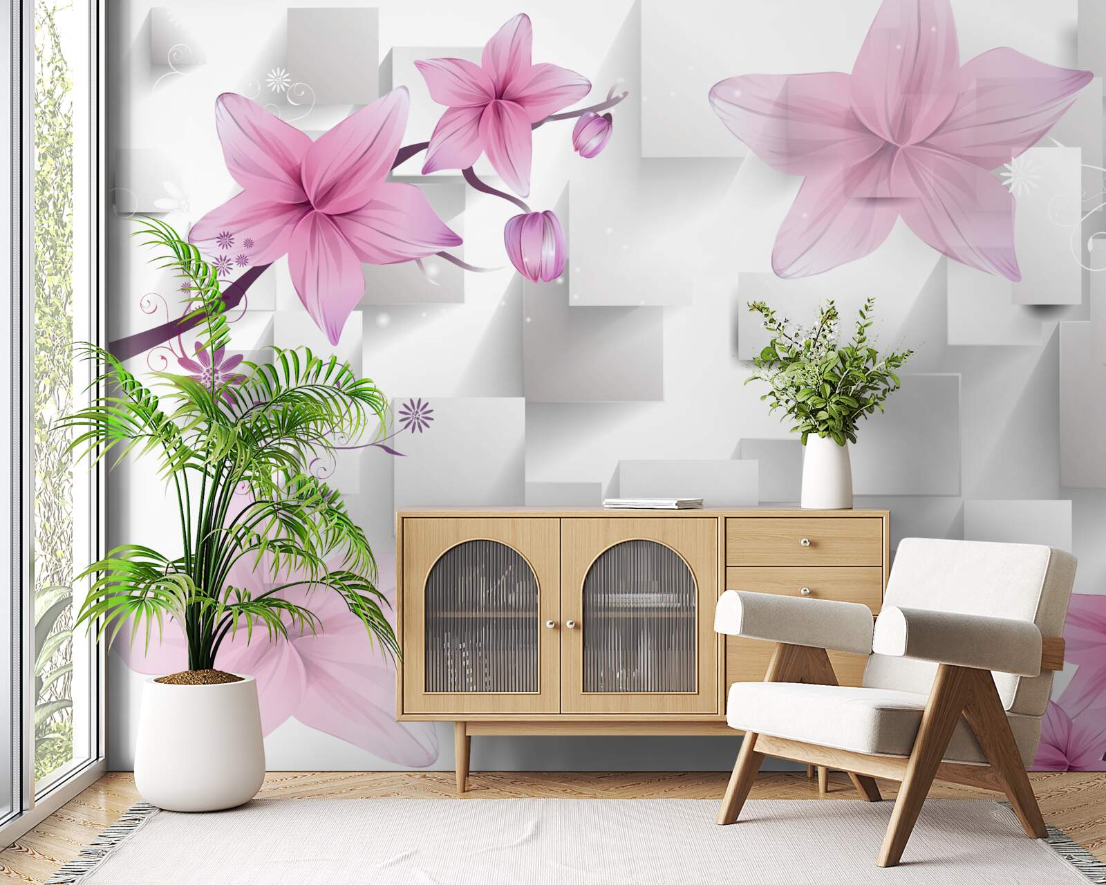 Papier peint abstrait avec bourgeons violets