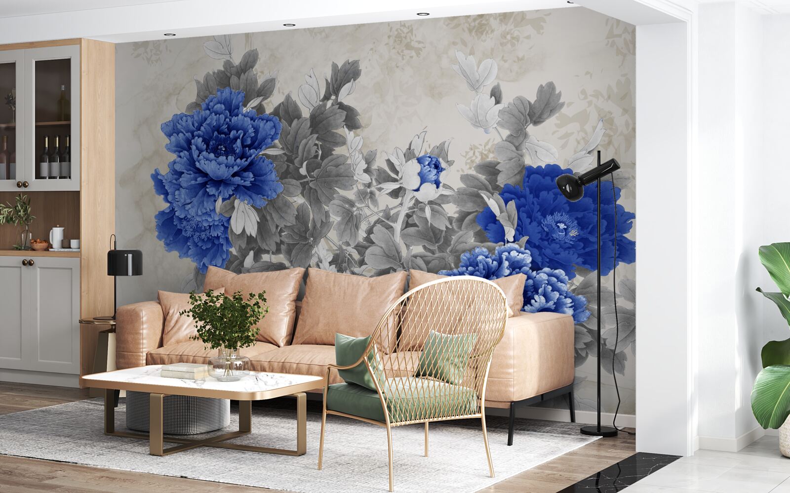 Papier peint fleur ikiebana sur fond gris