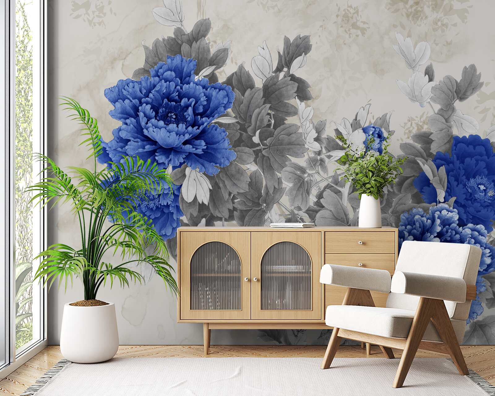 Papier peint fleur ikiebana sur fond gris