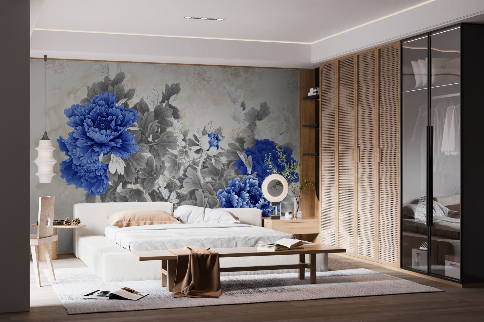 Papier peint fleur ikiebana sur fond gris