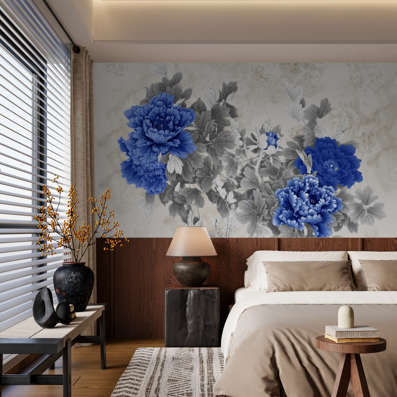 Papier peint fleur ikiebana sur fond gris