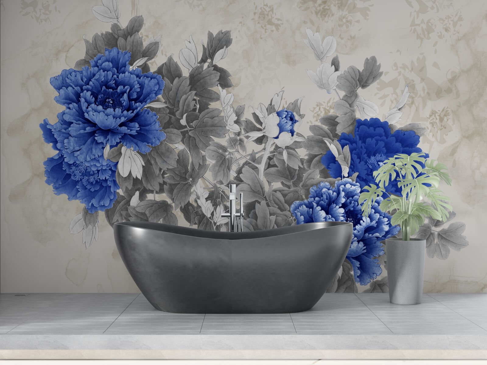 Papier peint fleur ikiebana sur fond gris