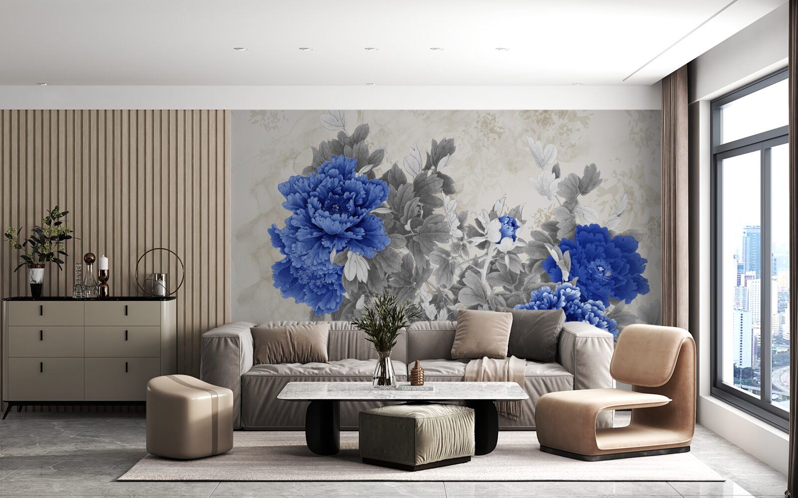 Papier peint fleur ikiebana sur fond gris