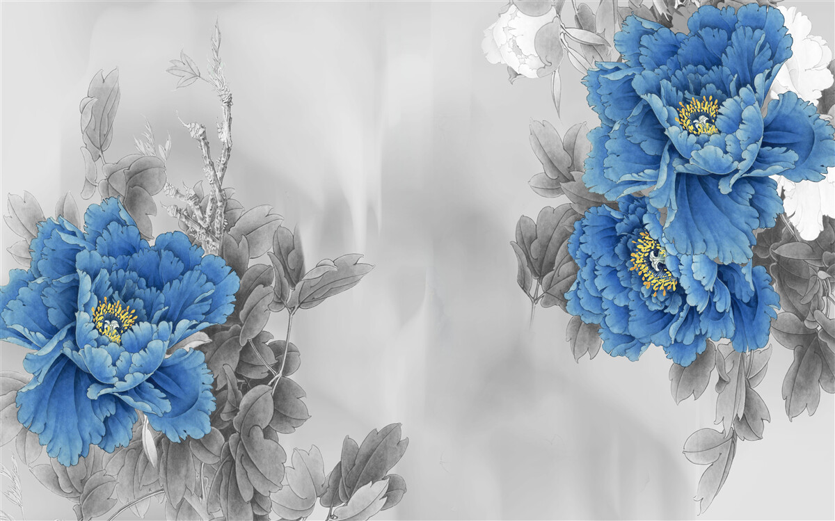 Papier peint fleurs bleues sur fond gris
