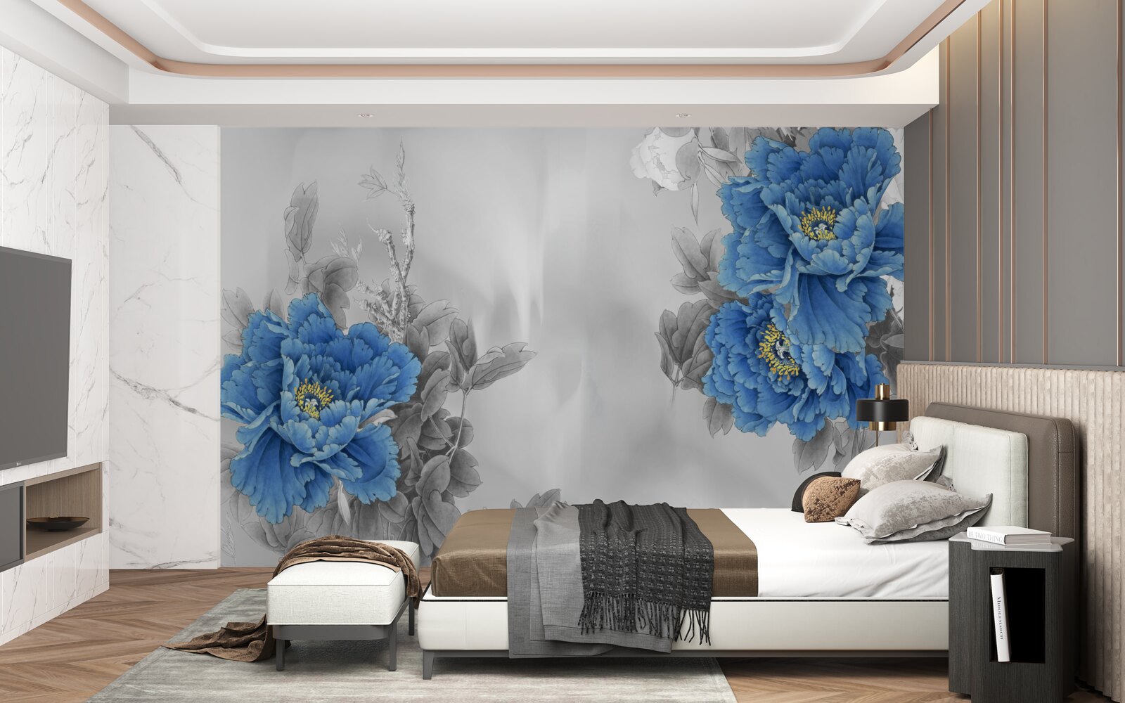 Papier peint fleurs bleues sur fond gris