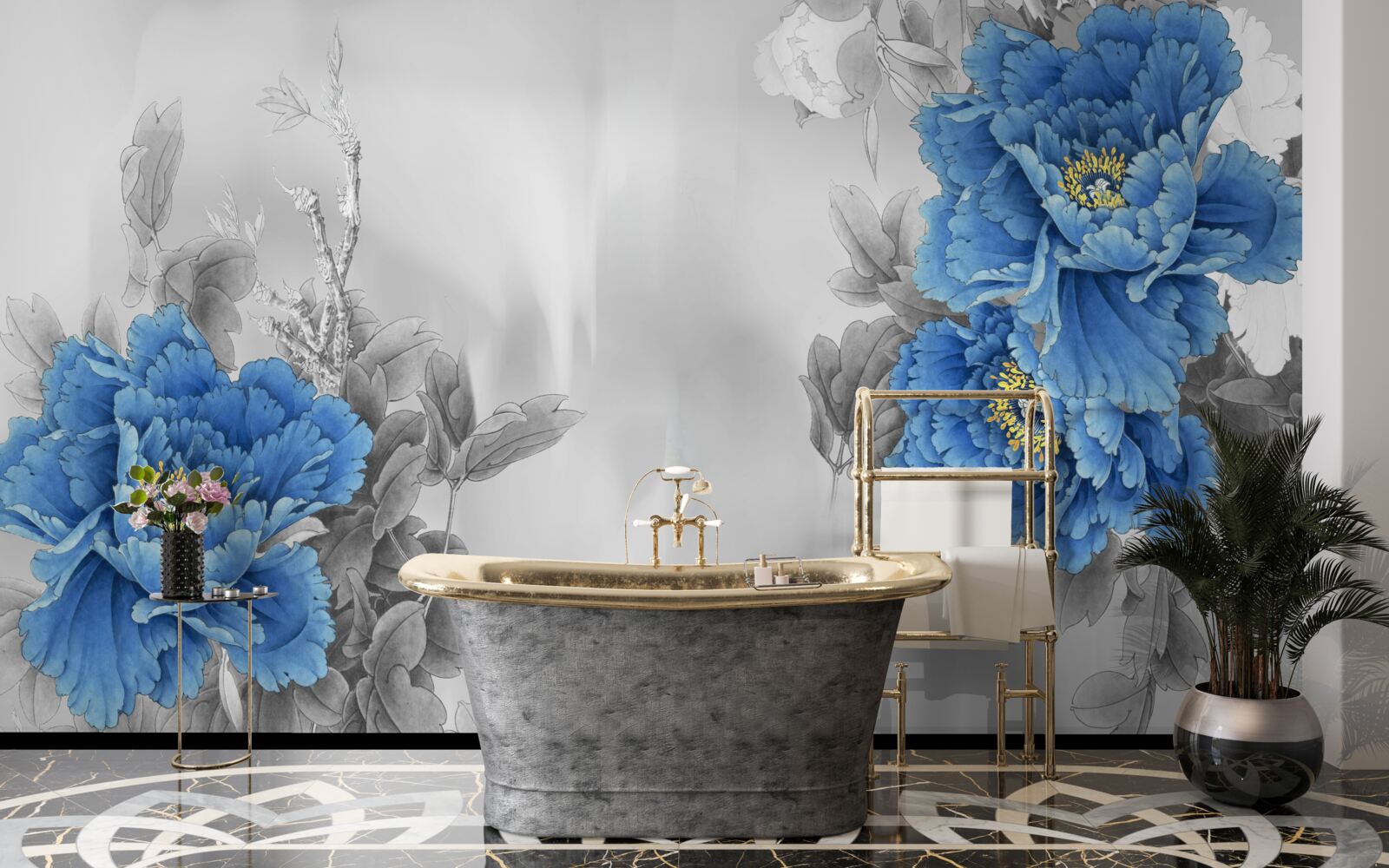 Papier peint fleurs bleues sur fond gris