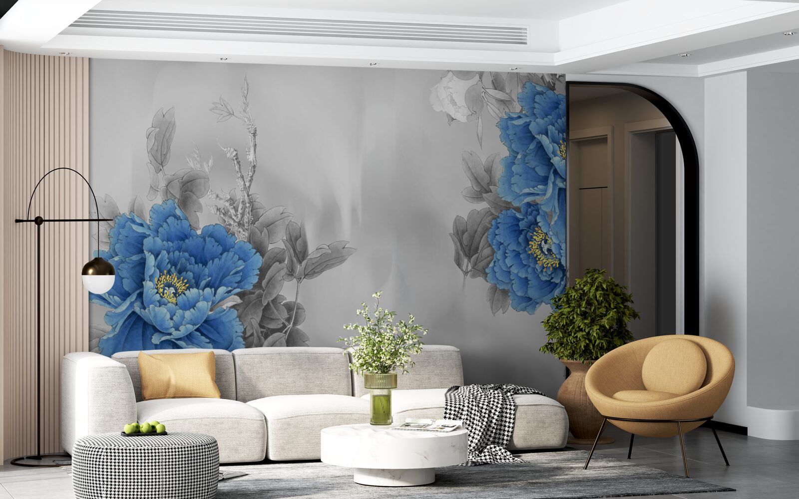 Papier peint fleurs bleues sur fond gris