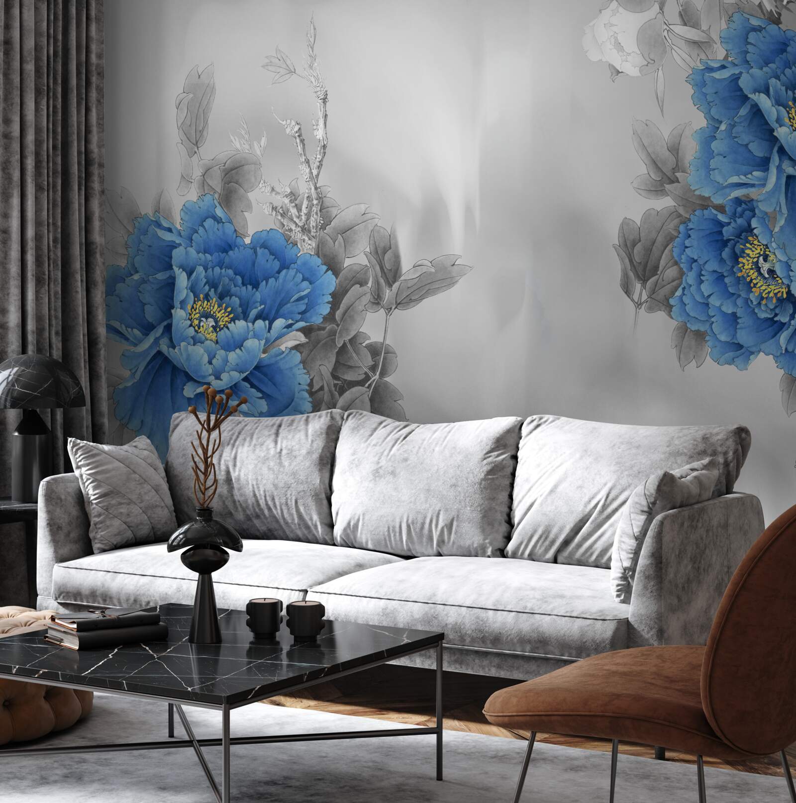 Papier peint fleurs bleues sur fond gris