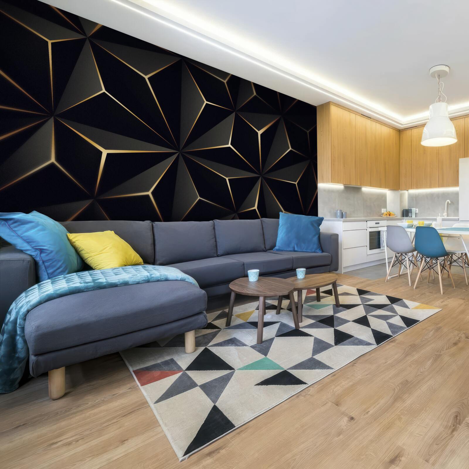 Papier peint Pyramides 3d en noir avec éléments dorés