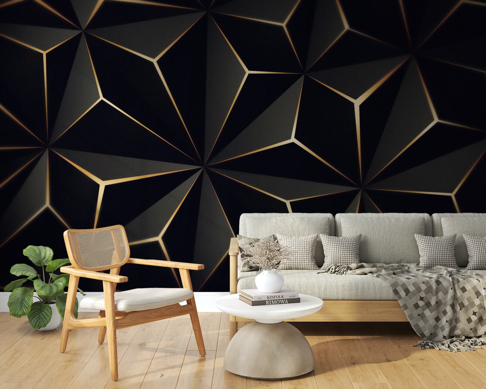 Papier peint Pyramides 3d en noir avec éléments dorés