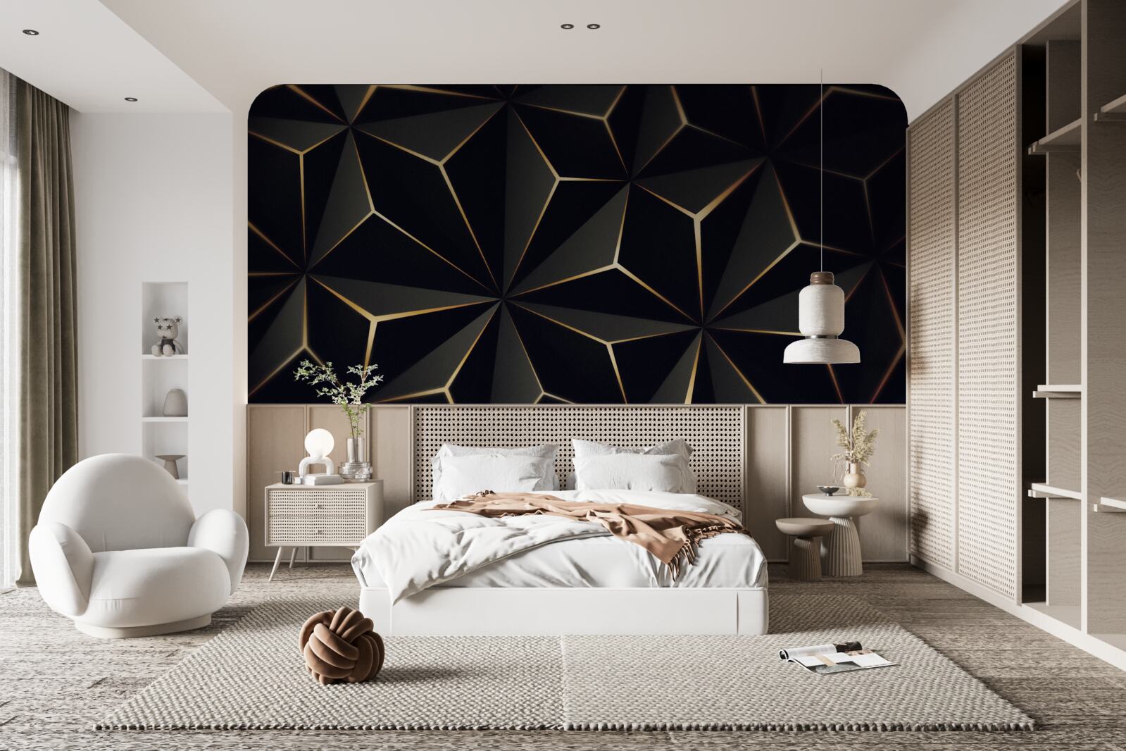 Papier peint Pyramides 3d en noir avec éléments dorés