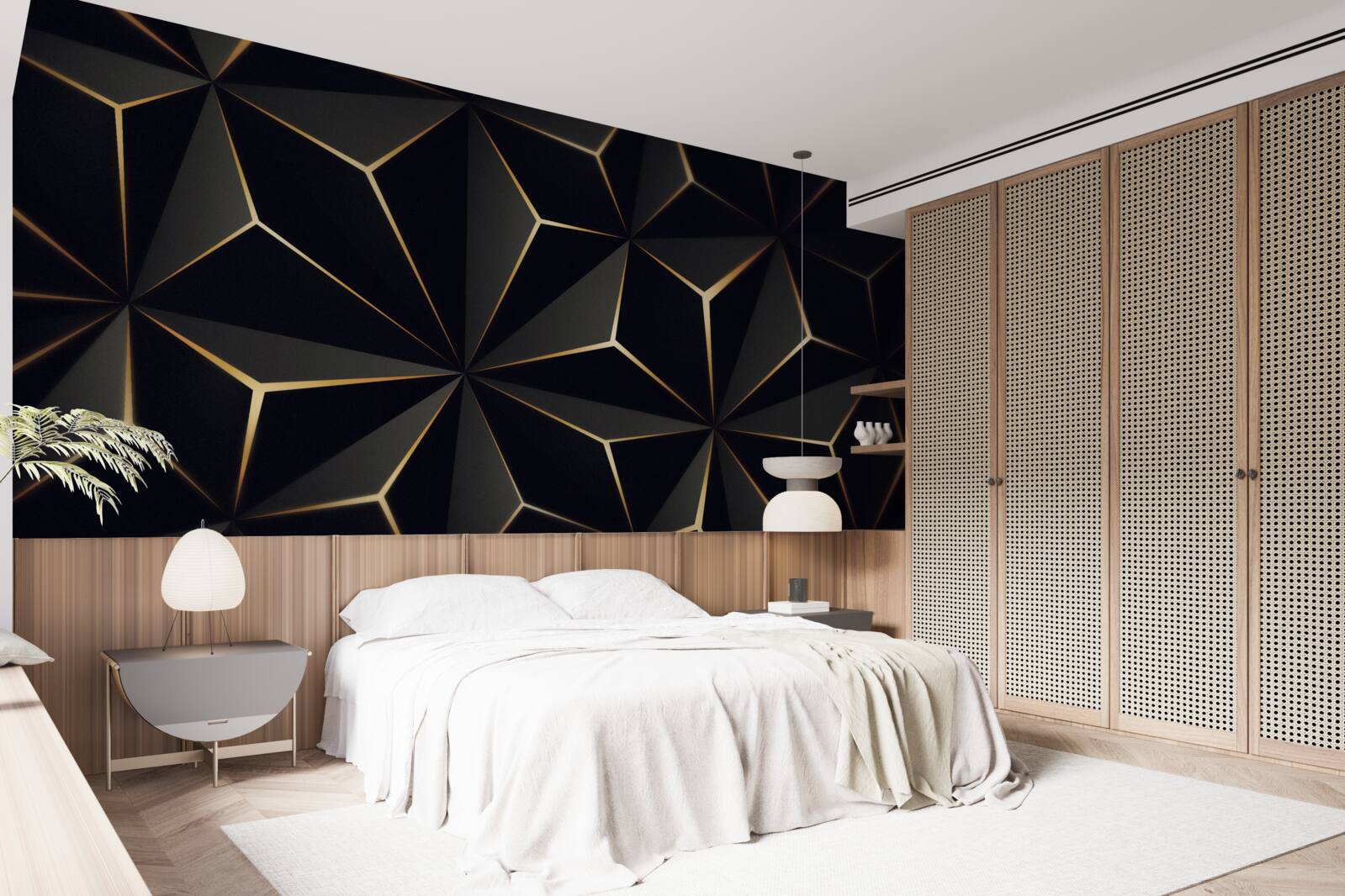 Papier peint Pyramides 3d en noir avec éléments dorés