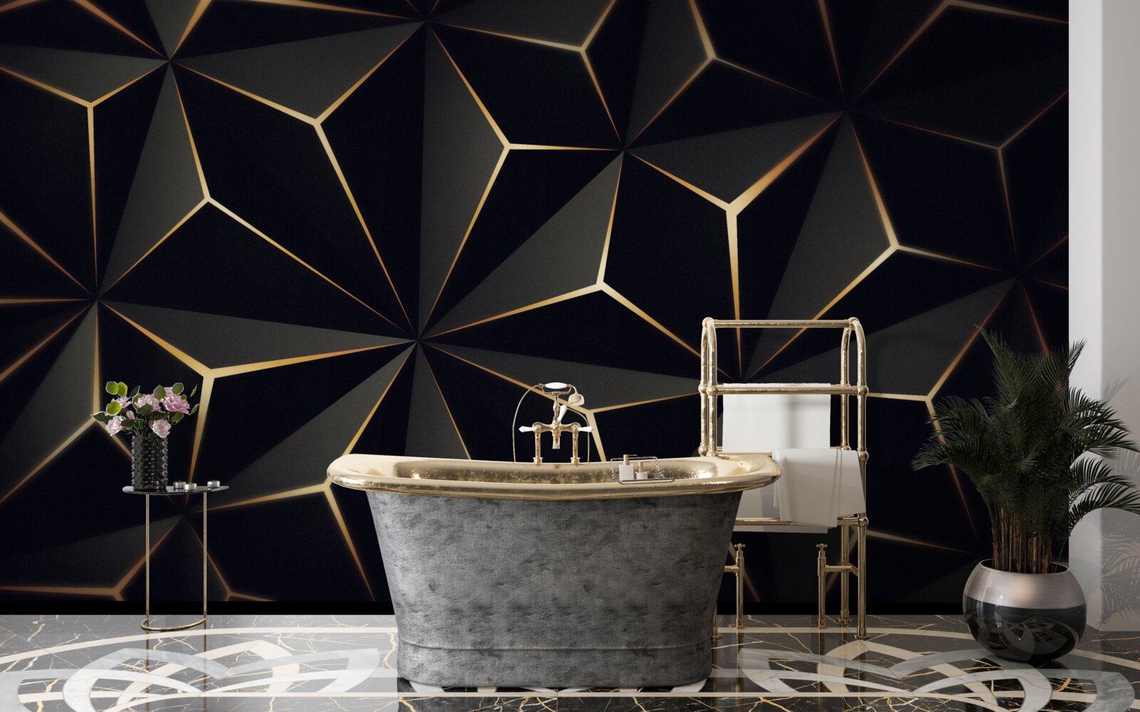 Papier peint Pyramides 3d en noir avec éléments dorés