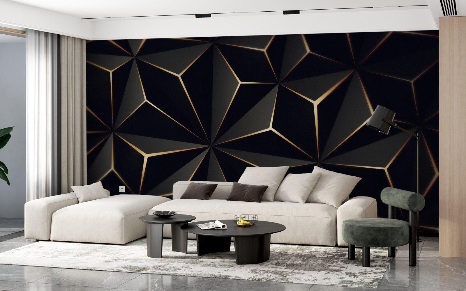 Papier peint Pyramides 3d en noir avec éléments dorés