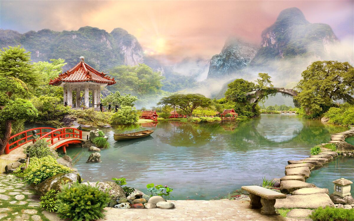 Papier peint paysage brumeux d'un jardin japonais