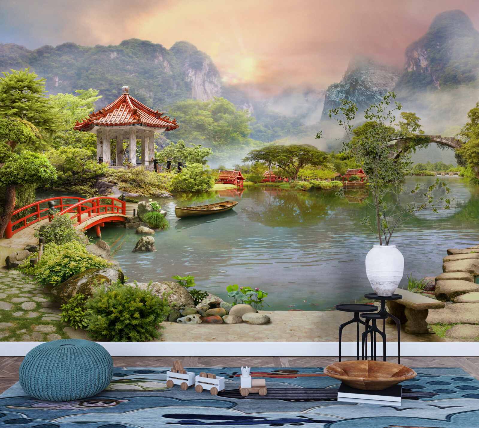 Papier peint paysage brumeux d'un jardin japonais