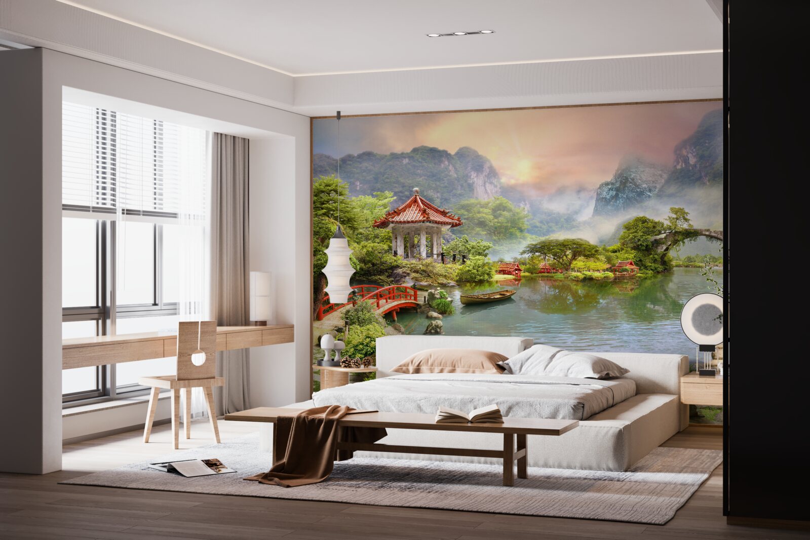 Papier peint paysage brumeux d'un jardin japonais