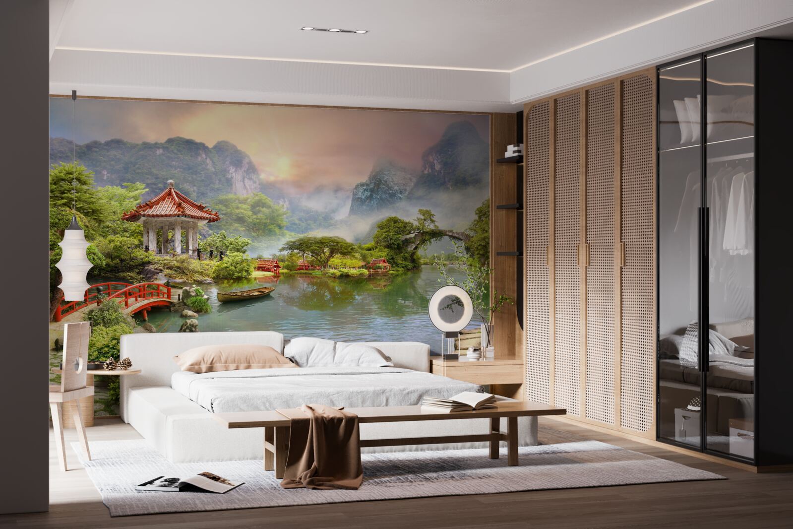 Papier peint paysage brumeux d'un jardin japonais