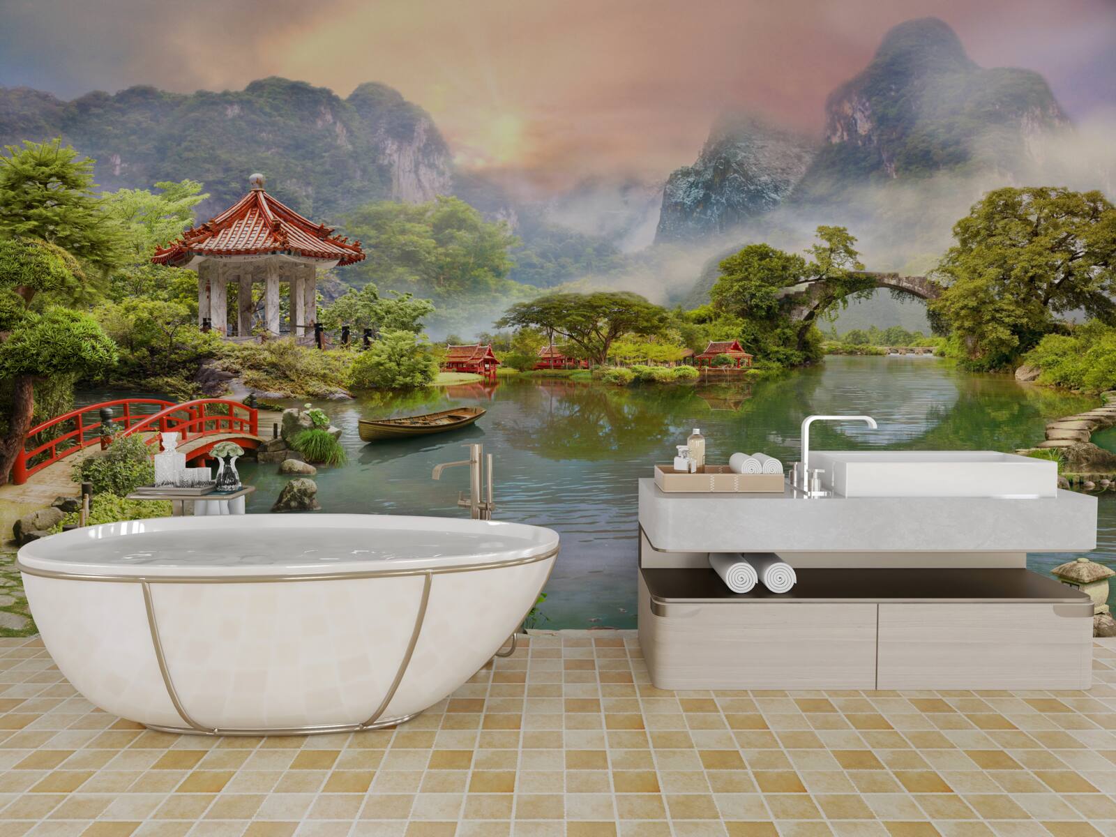 Papier peint paysage brumeux d'un jardin japonais