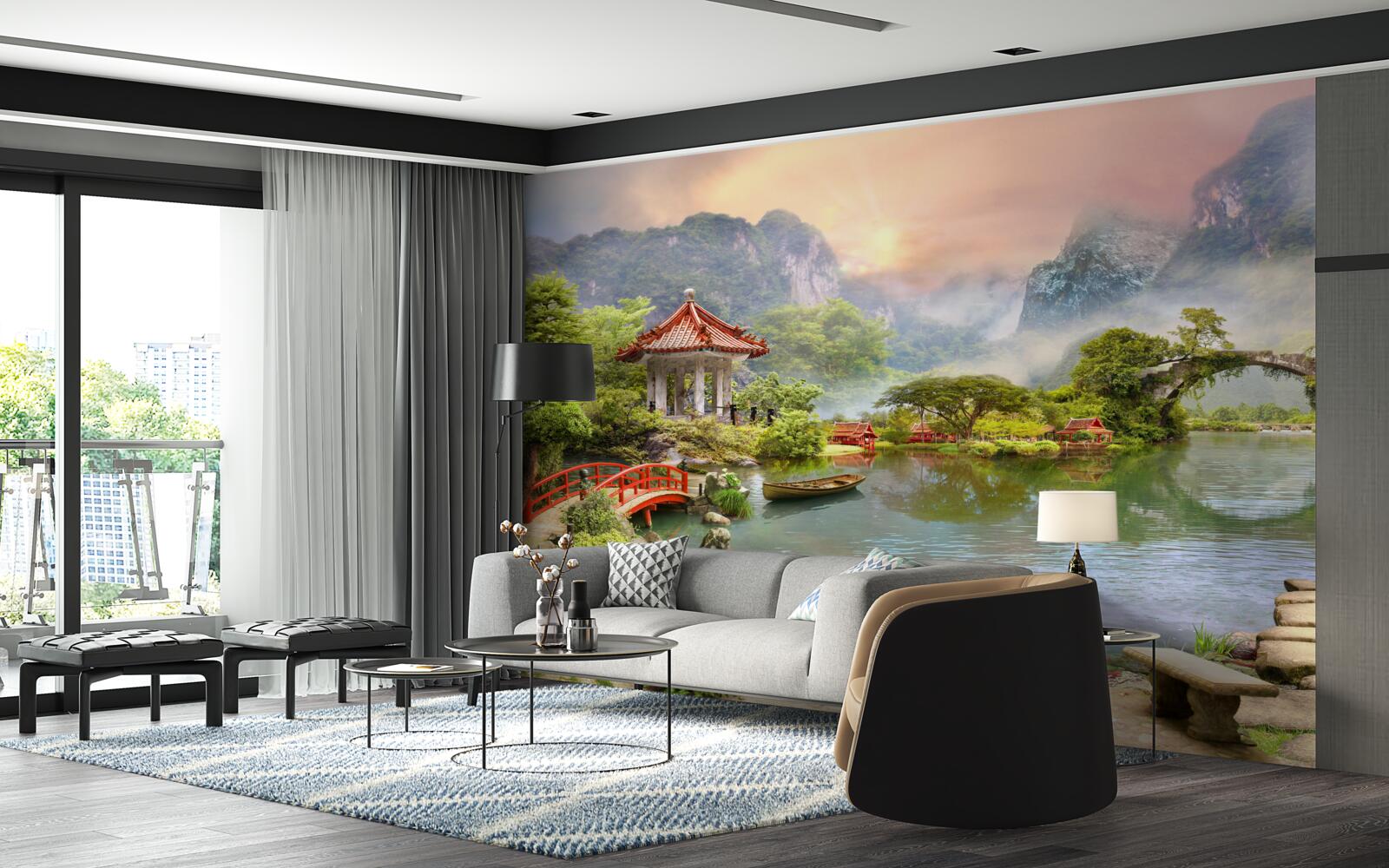 Papier peint paysage brumeux d'un jardin japonais