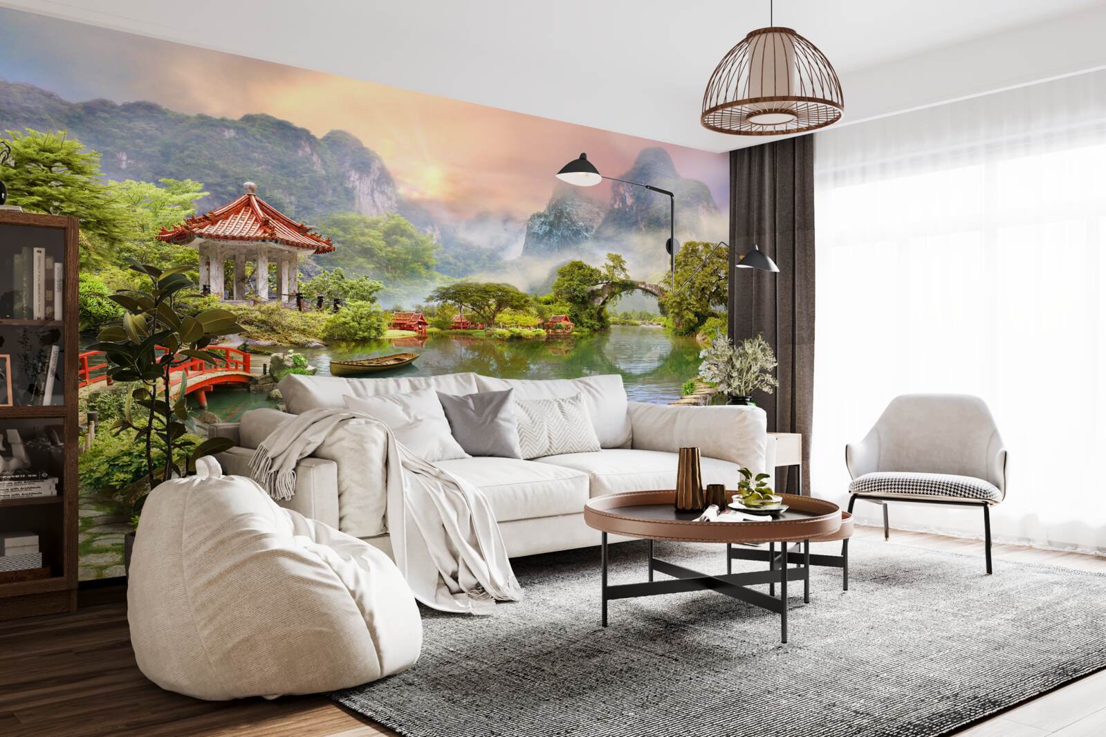 Papier peint paysage brumeux d'un jardin japonais