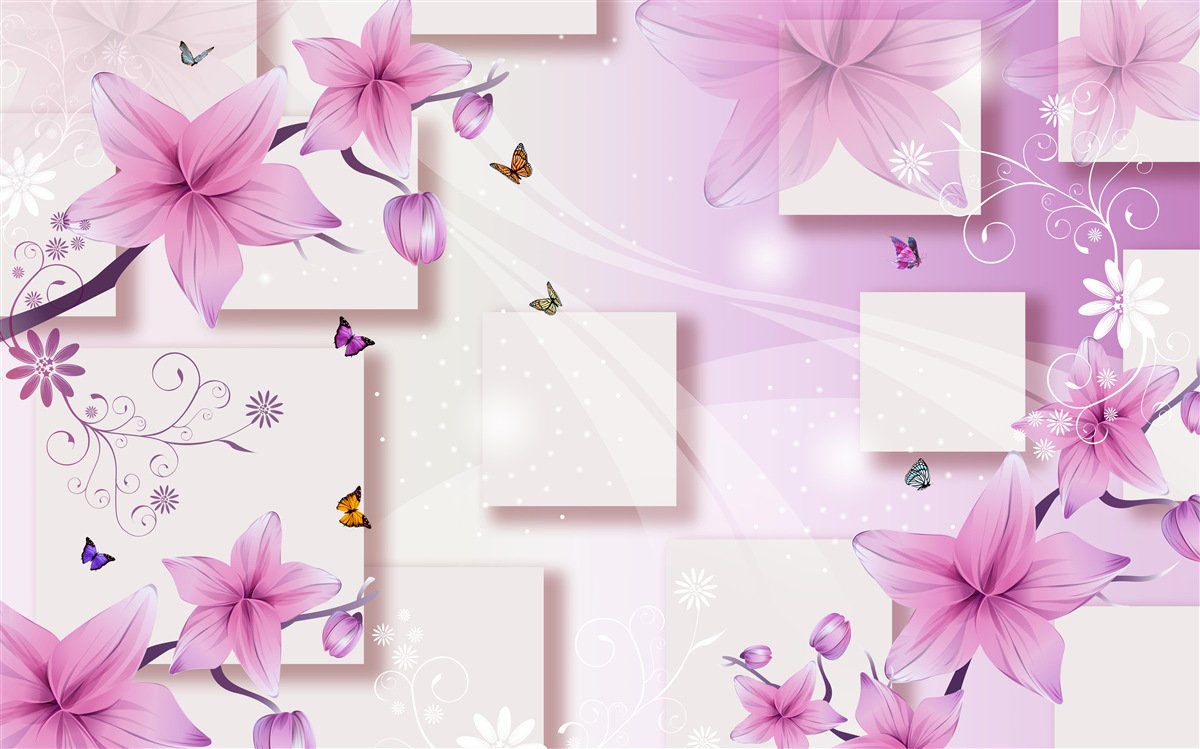 Papier peint formes géométriques décorées de fleurs violettes foncées