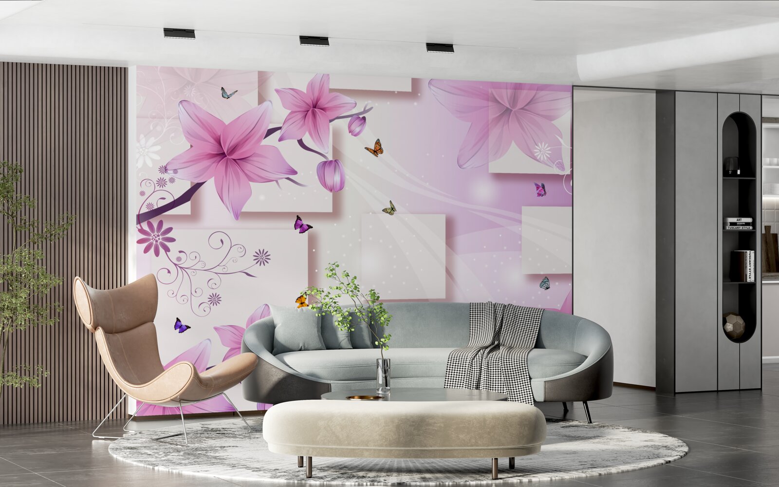 Papier peint formes géométriques décorées de fleurs violettes foncées