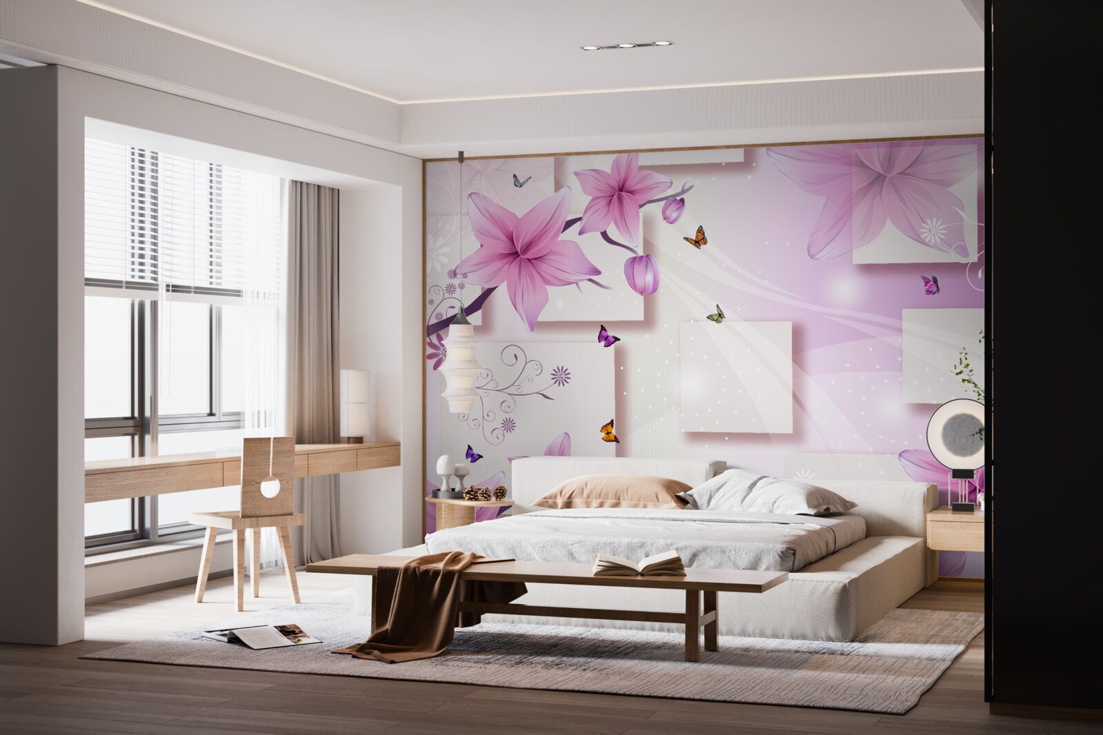 Papier peint formes géométriques décorées de fleurs violettes foncées