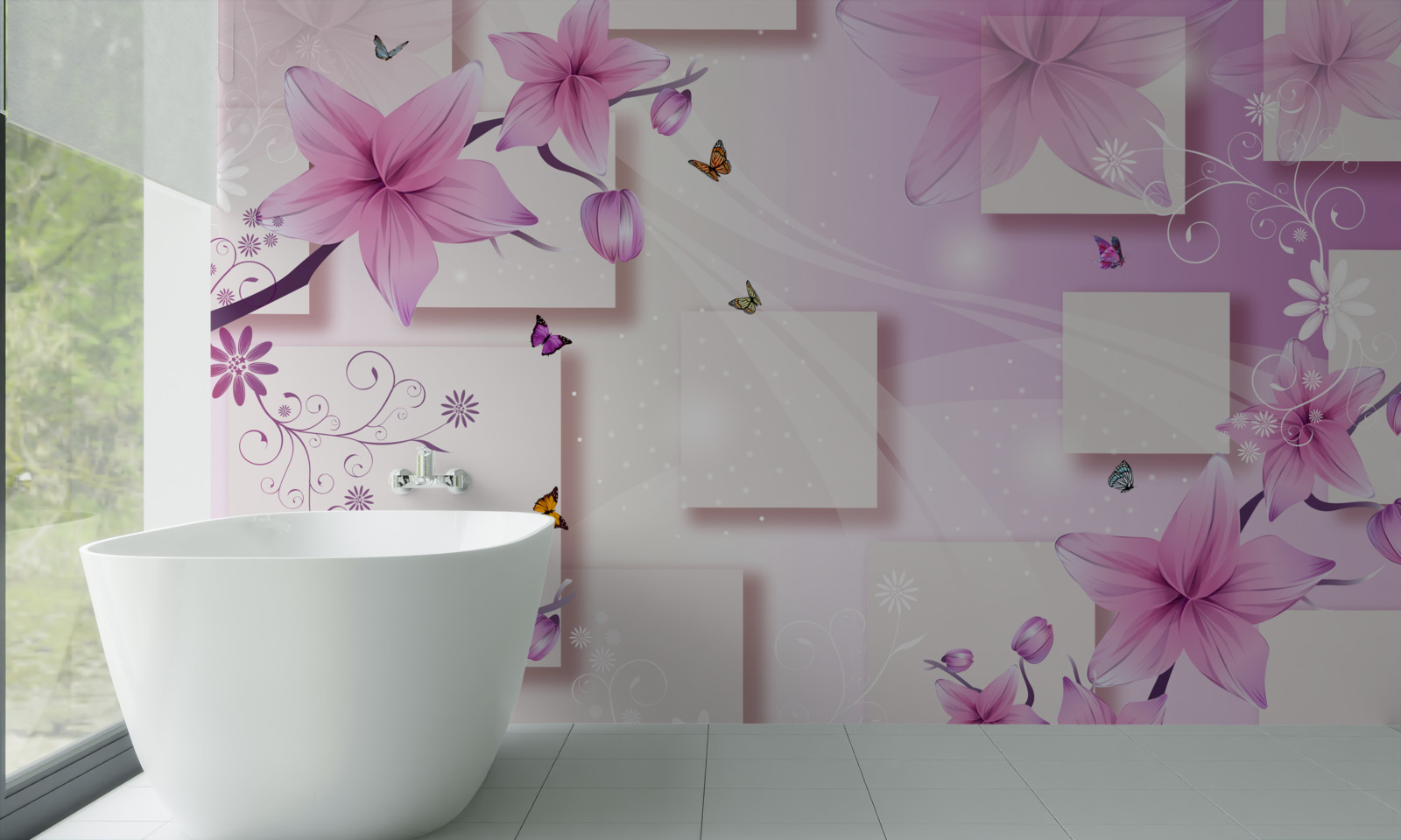 Papier peint formes géométriques décorées de fleurs violettes foncées