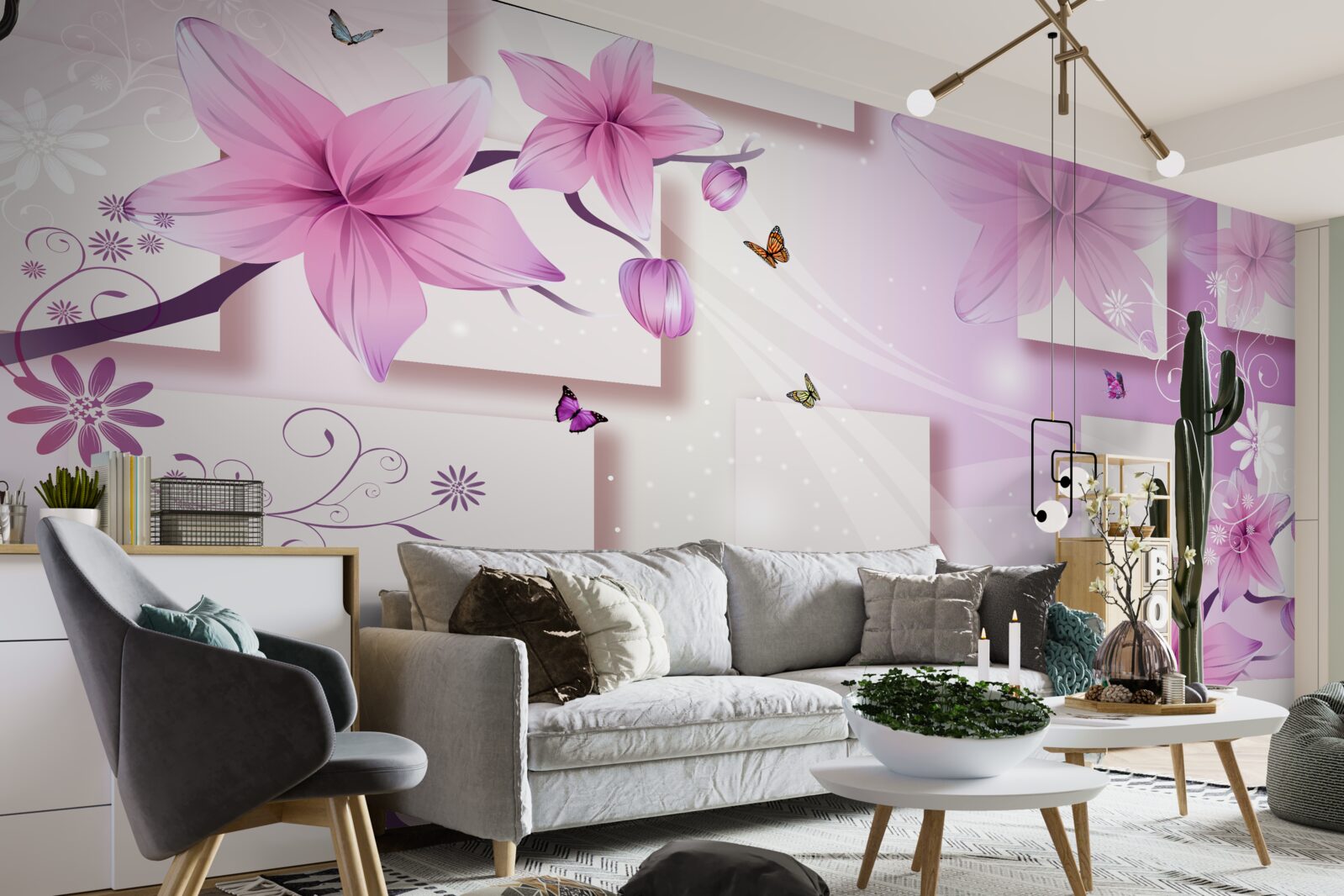 Papier peint formes géométriques décorées de fleurs violettes foncées