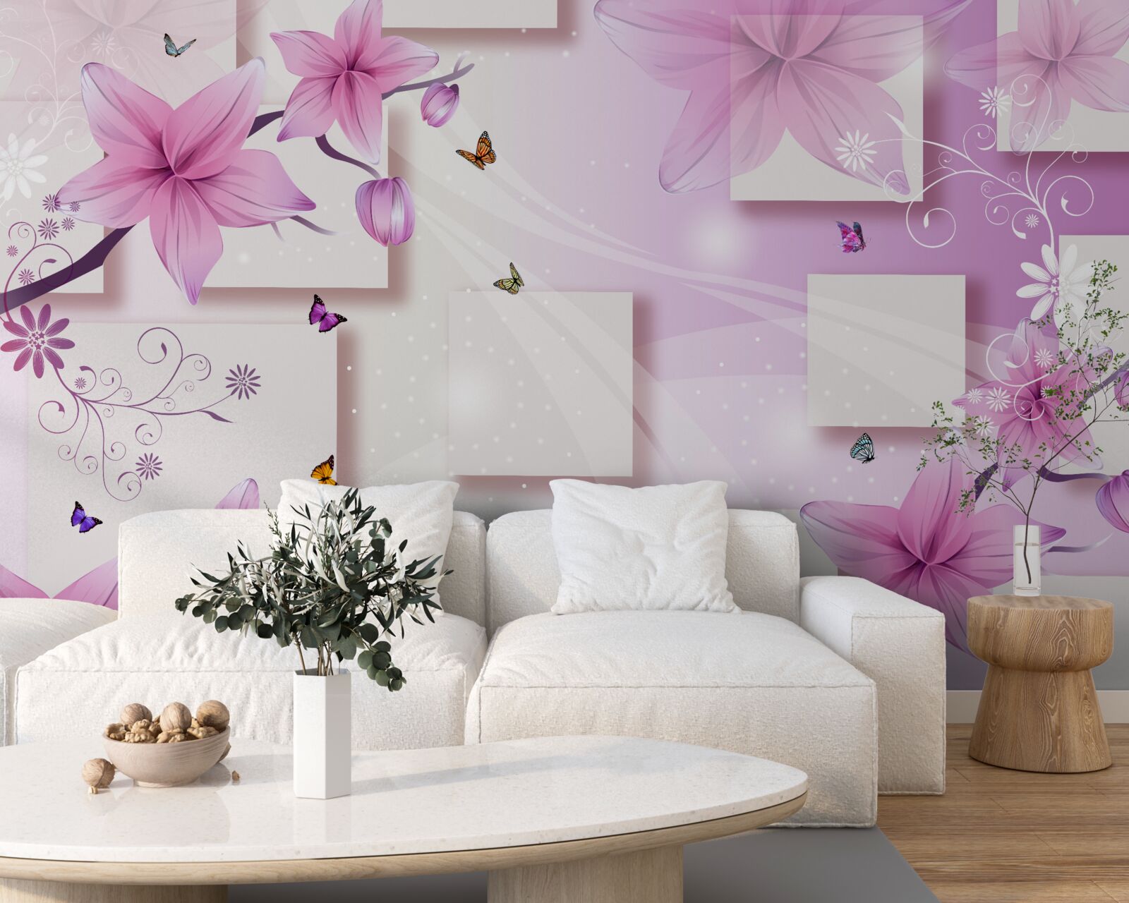 Papier peint formes géométriques décorées de fleurs violettes foncées