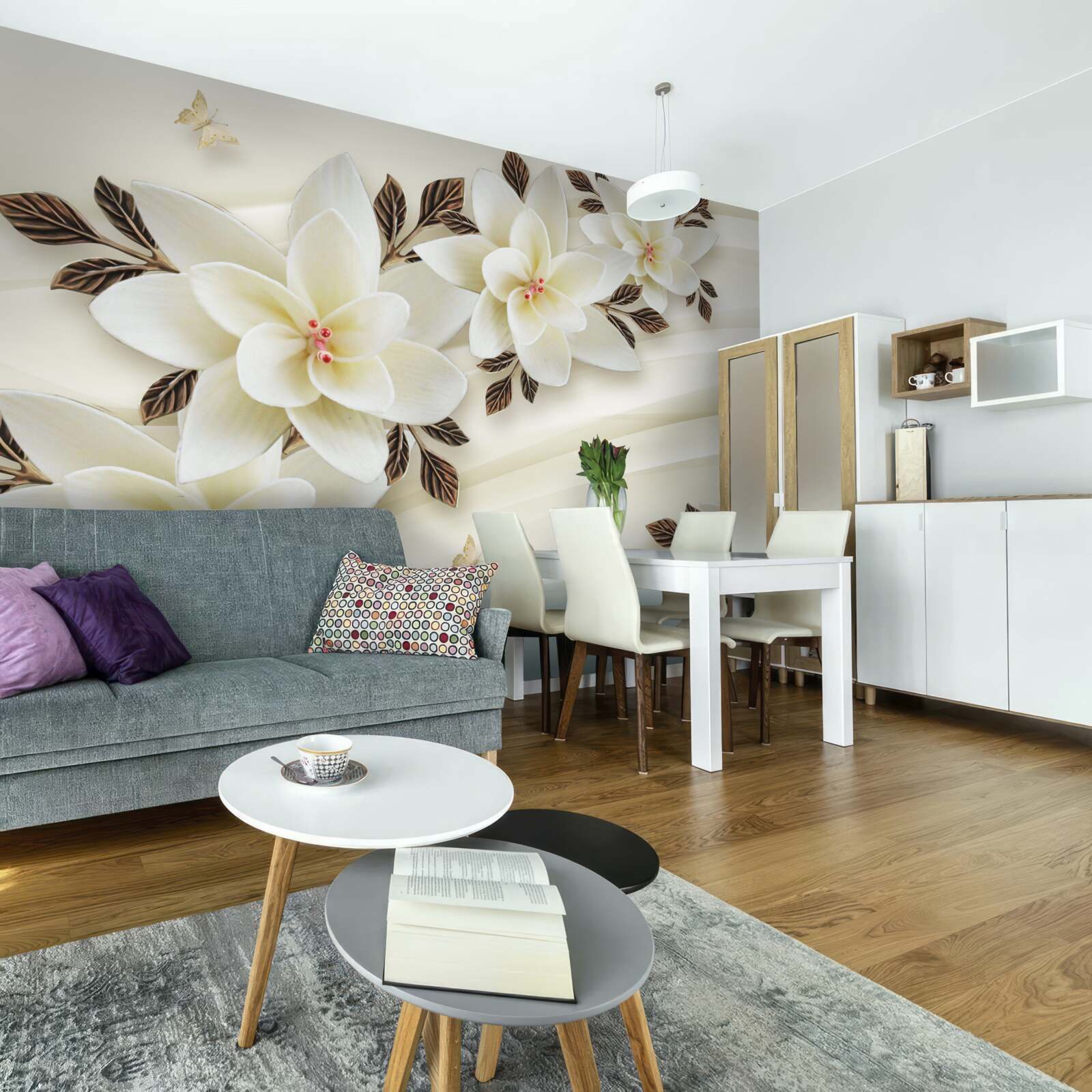 Papier peint le tissu est décoré de fleurs de lotus blanches