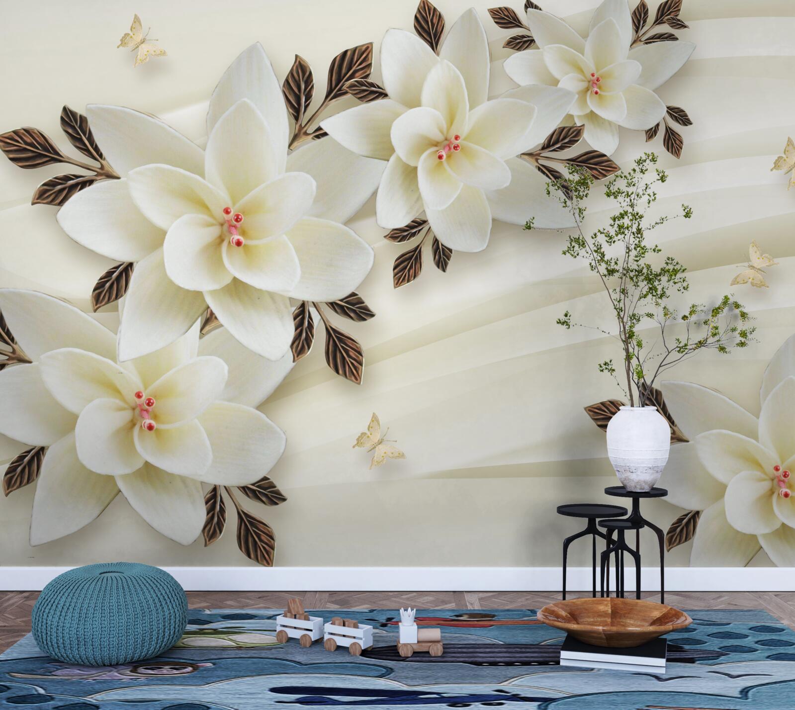 Papier peint le tissu est décoré de fleurs de lotus blanches